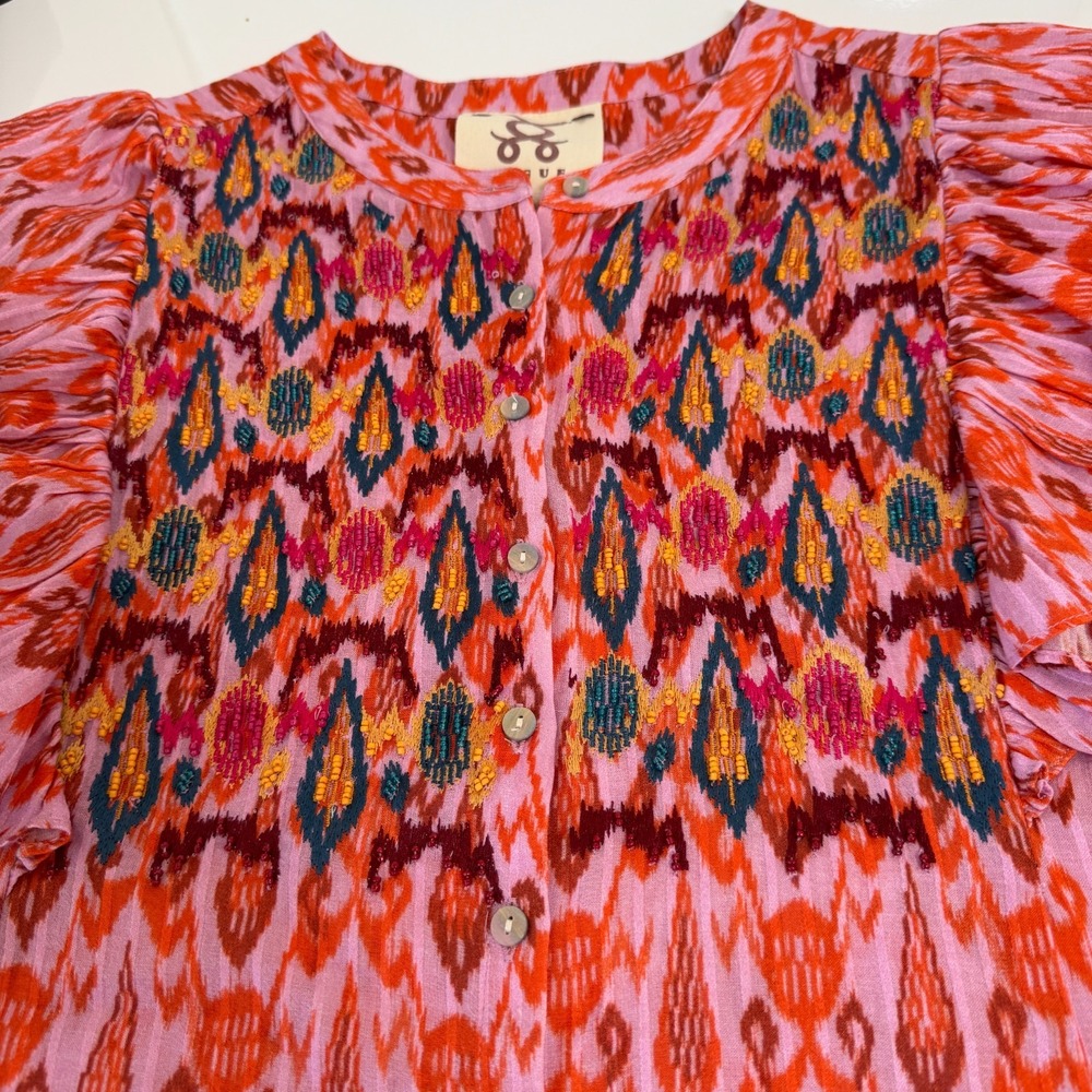 Figue Womens Boho Beaded Flutter Sleeve Button Up Top Size L Flowy Feminine - Picture 3 of 7